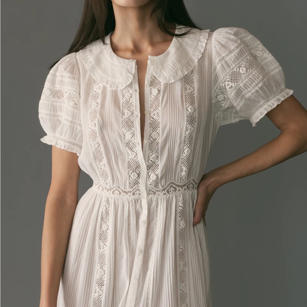 White Lace-Trim Puff Sleeve Dress - Picture 1 of 12
